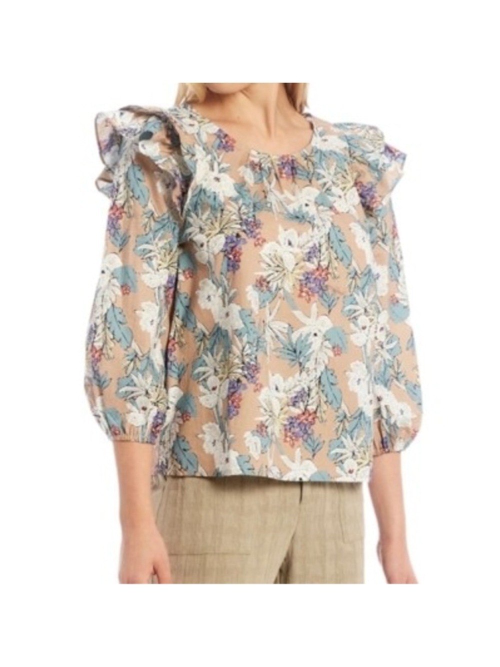 Anthropologie Skies Are Blue Floral Ruffle Shoulder Blouse Balloon Sleeve Medium